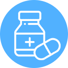 A bottle of medicine and pill on a blue background
